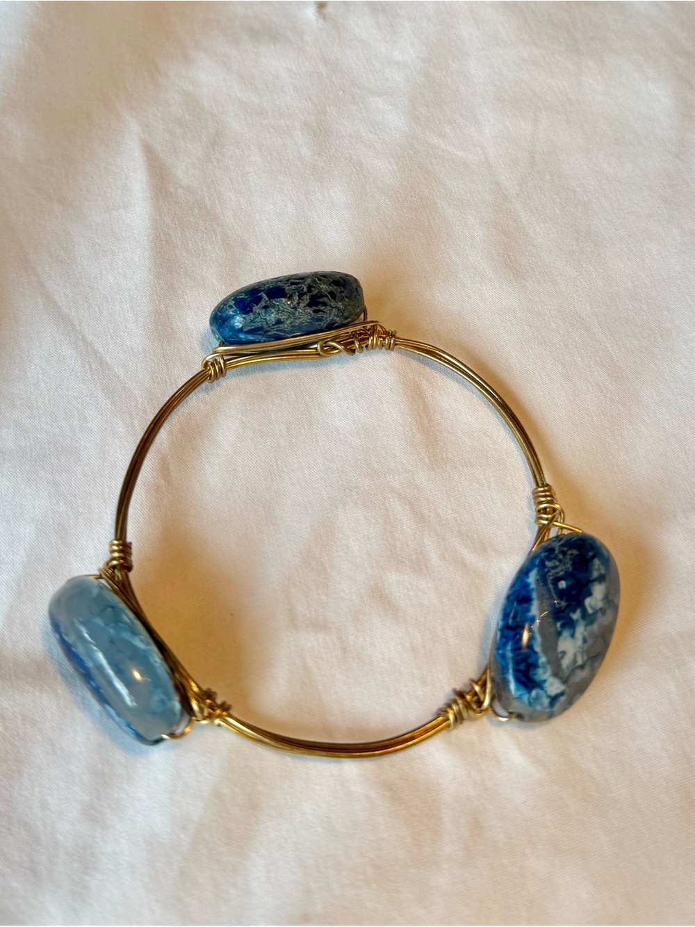 Golden Wire Bangle Bracelet with Blue Stone Accents